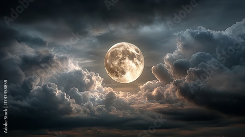 Full Moon Framed by Heavy Cumulus Clouds in a Shadowy Sky