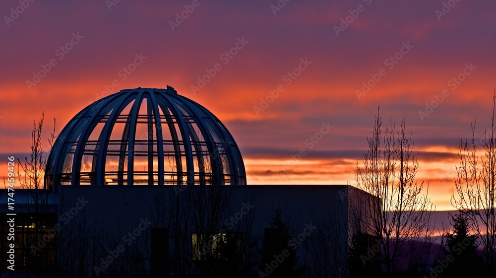 Fototapeta premium dome. Silhouetted architectural dome against a dawn sky, showcasing abstract monument shapes with gradient sunrise colors. real-estate listings.