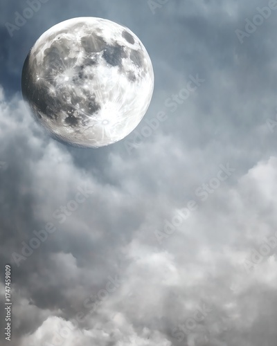Full Moon Surrounded by Wispy Clouds in a Minimal Design Aesthetic