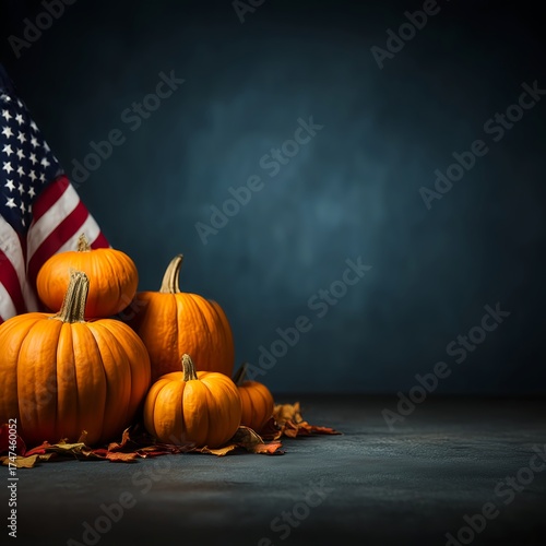 Autumn Harvest with Pumpkins and American Flag Background