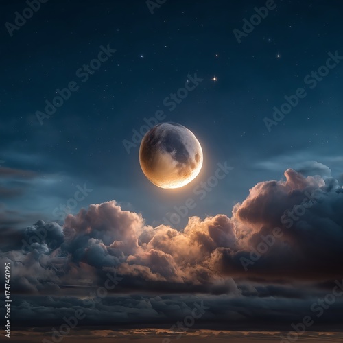 Soft Crescent Moon Peeking Through Clouds with Stars Above