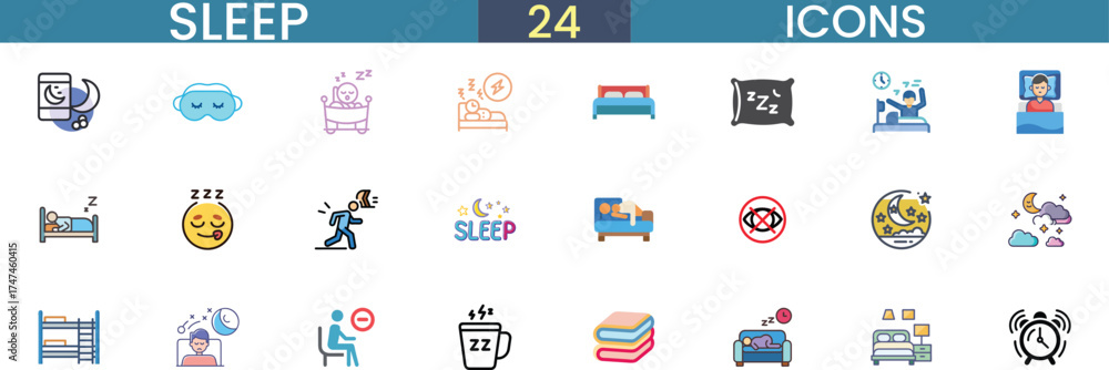 Fototapeta premium Set of 24 sleep related icons for ui design and mobile applications vector