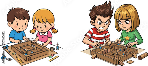 Children building cardboard mazes, teamwork activity, problem-solving challenge, emotional learning, STEM project, classroom creativity, hands-on play, frustration and collaboration
