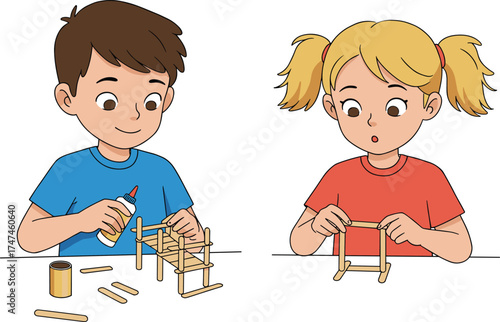Children crafting with popsicle sticks, DIY activity, hands-on learning, creative play, classroom project, fine motor skills, preschool STEM, teamwork