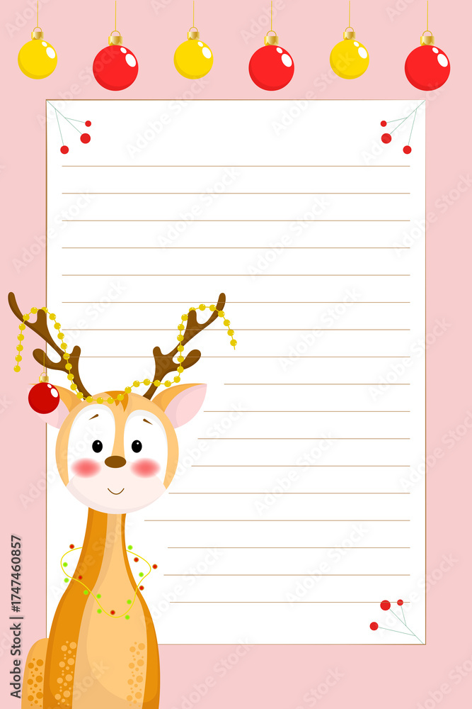 Fototapeta premium A festive lined letter template with a cute reindeer, colorful ornaments, and red berries on a pink background.