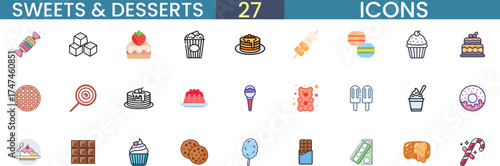 Collection of sweets and desserts icons for delicious food design and projects vector