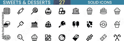 Collection of sweets and desserts icons simple line art style vector