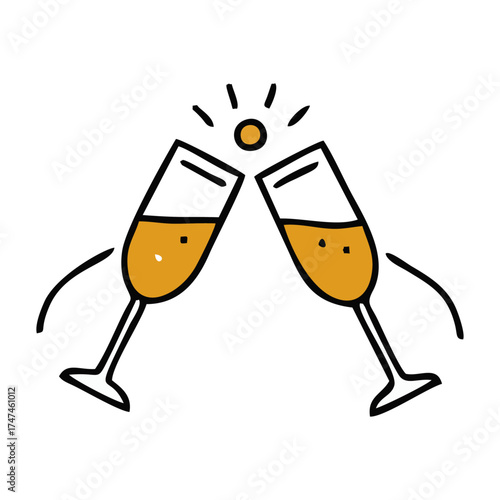A simple hand-drawn illustration of two champagne glasses clinking together in a celebratory toast.