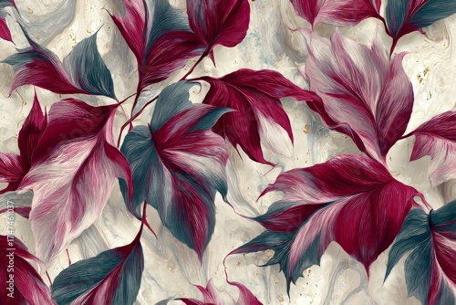 A captivating design showcasing large, stylized leaves in deep burgundy, teal, and muted pinks, set against a backdrop of marbled cream.