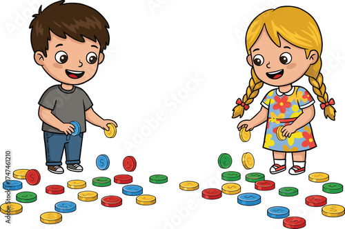Children playing with colorful tokens, sorting activity, symbol recognition, early learning, preschool education, hands-on play, classroom fun, cognitive skills