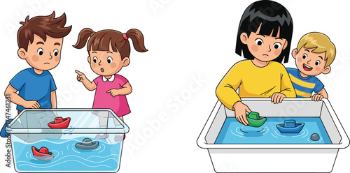 Children playing with toy boats, water activity, floating and sinking experiment, early science learning, preschool fun, outdoor sensory play, STEM education