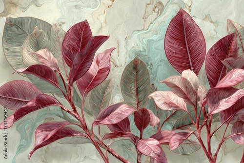 Vibrant, artistic illustration of a cluster of leaves in shades of pink, red, and grey, displayed against a marbled background.