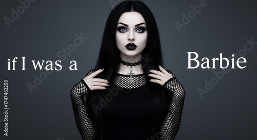 Gothic Young Woman with Dark Makeup and Black Clothing Standing in Studio