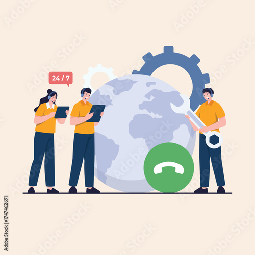 Customer Support Global Network Concept Illustration with People, Globe, and Tools, Symbolizing Technical Assistance and Service Availability 24/7 Worldwide