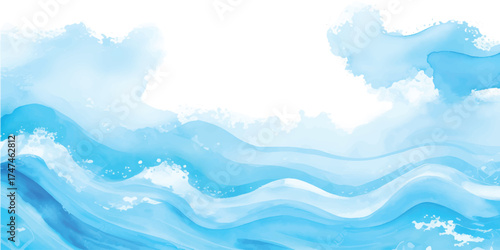 A calm summer blue sky with clouds above the ocean water and reflection of the light on the sea surface creates a beautiful nature landscape
