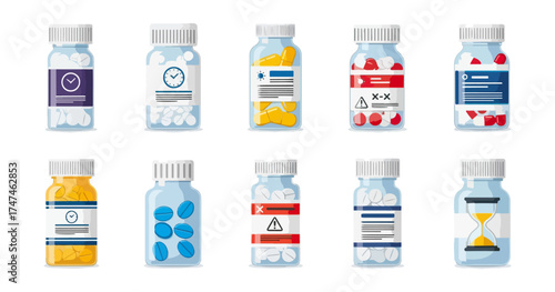Medicine bottles with different pills and labels