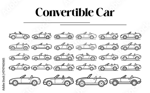 Simple Convertible Car Outline and Icon Vector Set
