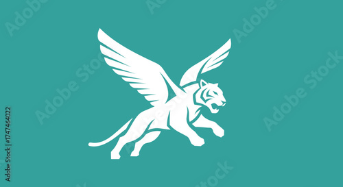 Flying winged tiger leaps on a flat blue background, suitable for a logo, emblem, or symbolic representation
