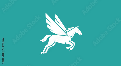 White winged horse leaps on plain teal background, symbol for dreams
