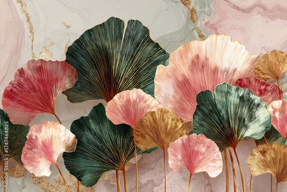 custom made wallpaper toronto digitalA vibrant arrangement of Ginkgo leaves in various shades of pink, gold, and green, set against a marbled backdrop, creates a captivating and artistic display.