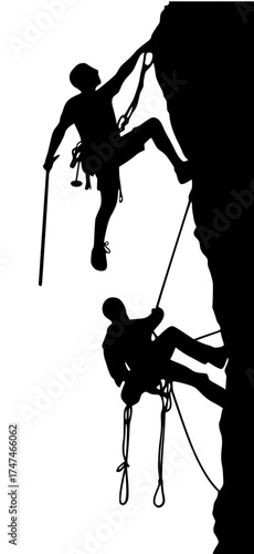 Rock climbers silhouettes scaling cliff with ropes and gear. Two mountaineers in action on vertical rock face. Perfect for adventure, extreme sport, outdoor recreation, alpinism, teamwork design conce
