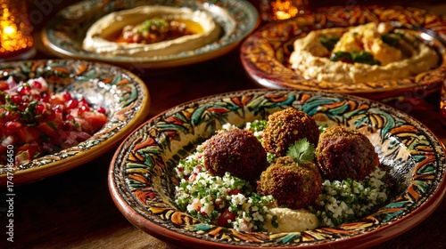 Four bowls of middle eastern food including hummus falafel and salad.
