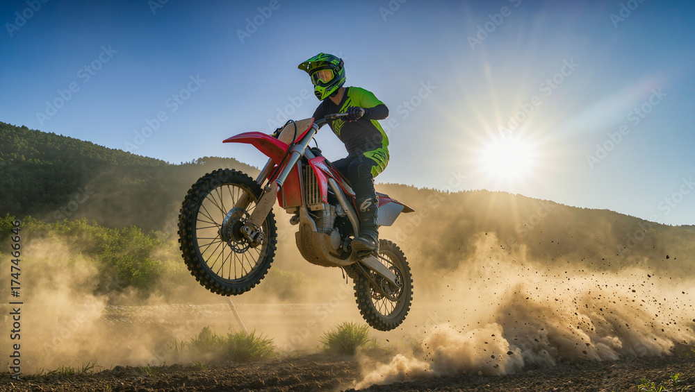 Fototapeta premium Motorcyclists soar through the air on a dusty dirt track against a backdrop of bright sun and scenery.