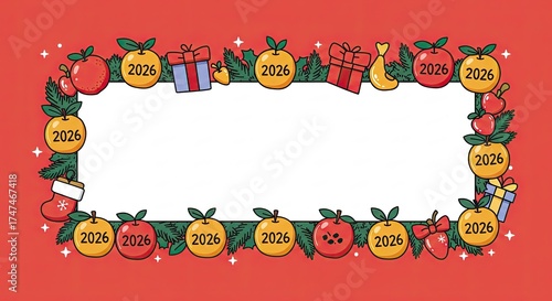 Festive 2026 New Year Frame with Ornaments and Gifts.