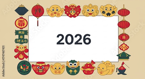 Festive 2026 New Year Frame with Traditional Decorations.