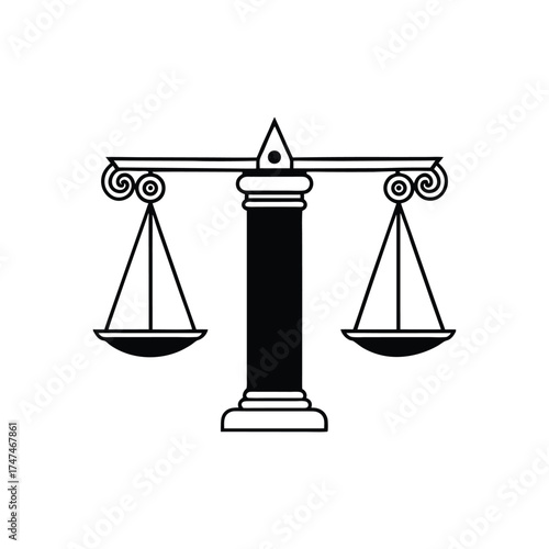 Black and white illustration of a classic balance scale on a white background justice legal