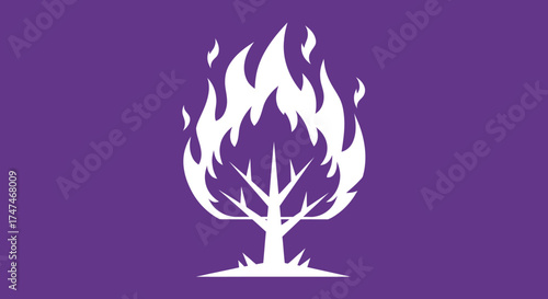 White tree in flames on purple, in graphic design; symbol for change, resilience, or destruction concept