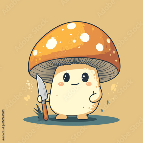 Cute, happy, funny mushroom with a knife cartoon mascot character , vector style simple color