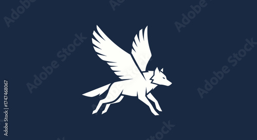 Winged wolf leaping forward on dark background, for use in crests, fantasy, or logo design