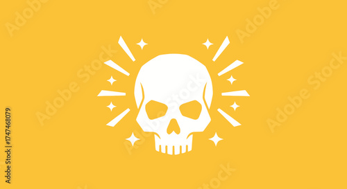 Shining skull illustration on gold, rays and stars in background, Halloween or warning sign usage