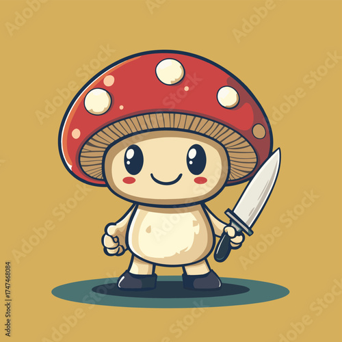 Cute, happy, funny mushroom with a knife cartoon mascot character , vector style simple color