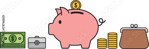 Flat Design Piggy Bank and Money Icons Savings and Finance Concept