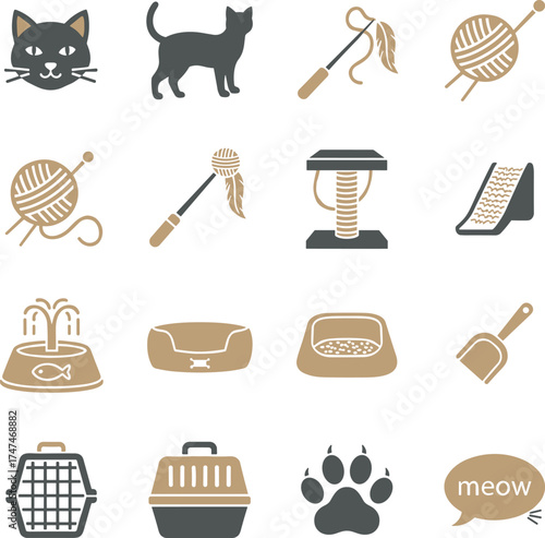 Flat Cat Icons Set Pet Accessories and Toys Collection