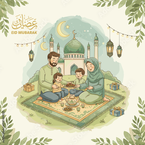 Muslim Family Celebrating Eid Mubarak Happy Islamic Holiday Illustration
