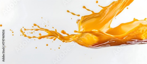 Splash of Vibrant Orange Yellow Liquid with Flying Droplets Against a White Background