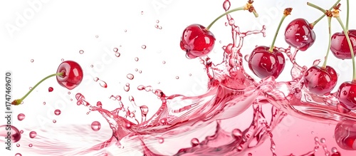 Red Cherries and Juice Splash with Droplets

