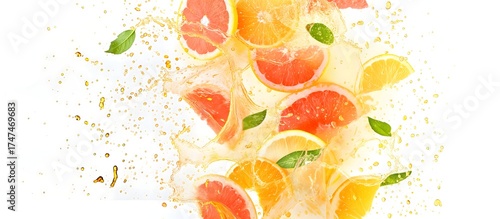 Vertical Burst of Citrus Slices, Orange with Dynamic Juice Splashes and Green Leaves