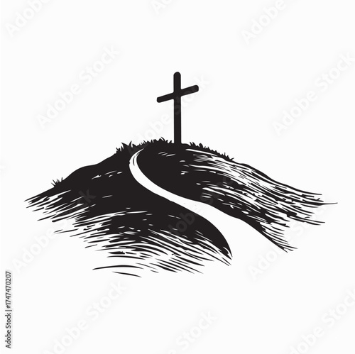 Cross on Hill Silhouette Vector Illustration on white background