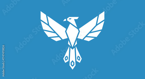 White Geometric Phoenix Rising Against a Light Blue Background, used for Company Logos, Banner Ads, App Icons, or as a symbol
