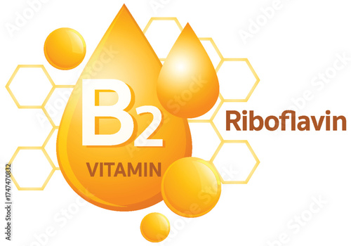Vitamin B2 Riboflavin Icon with Orange Droplets and Hexagons