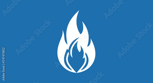 White flame icon on blue used to symbolize heat or energy sources against solid blue background