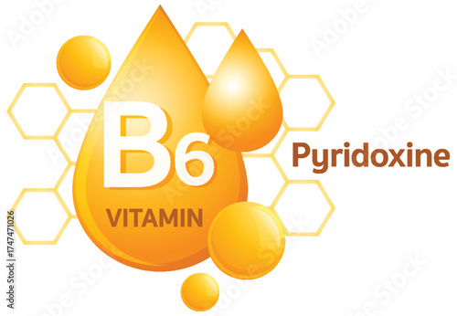 Vitamin B6 Pyridoxine Molecule Vector with Orange Droplets