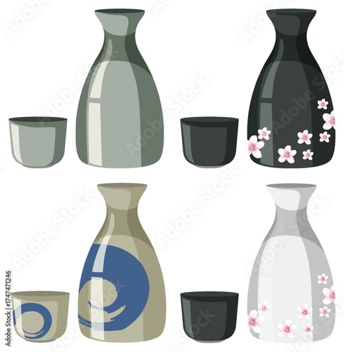 Traditional Japanese Sake Bottles and Cups Vector Set