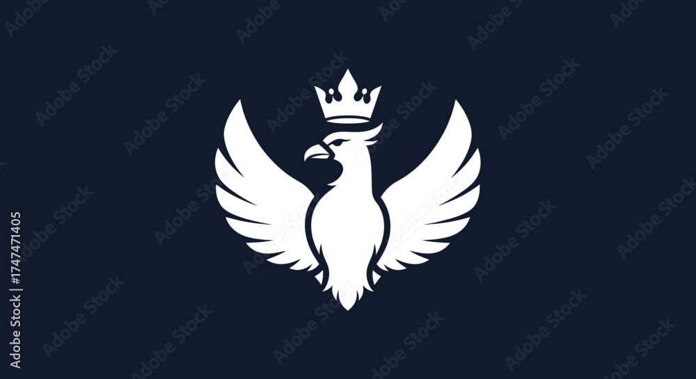 Obraz premium White phoenix rising with a crown on its head on a dark blue background, ideal for logos or heraldic representation