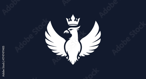 White phoenix rising with a crown on its head on a dark blue background, ideal for logos or heraldic representation
