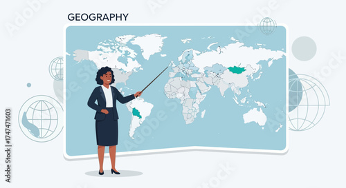Illustration of geography lesson with a teacher pointing to different world countries